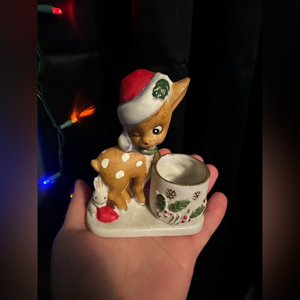 Vintage 1978 Little Reindeer Candle Holder Hand Painted Jasco Bisque Kitschy